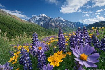 Fototapeta premium Colorful wildflower field in the mountains during a sunny day