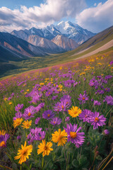Obraz premium Colorful wildflowers bloom in a mountainous landscape during a clear day in a remote valley
