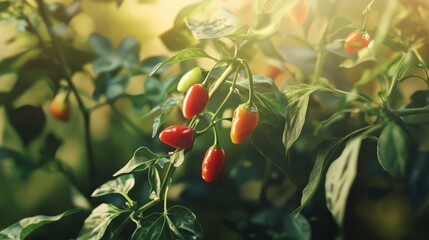A high-resolution close-up of a vibrant chili plant with fresh red and green chilies hanging on slender stems, surrounded by lush green leaves in natural sunlight.