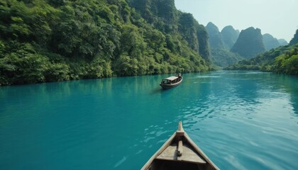 Obraz premium point of view, traditional boat passing through river with blue water with beautiful view
