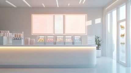 A minimalistic ice cream shop interior featuring a sleek, spotless counter, an illuminated menu board, and a variety of frozen treats in display freezers.