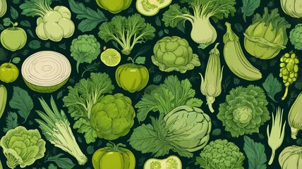 Naklejka premium green vegetables and fruits seamless pattern; great for packaging for organic food products, decorative elements on kitchenware
