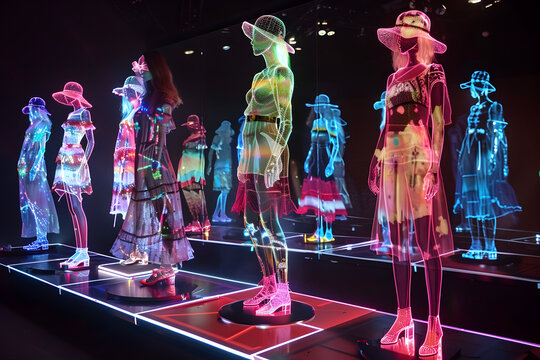 A display of illuminated mannequins showcasing fashion in a futuristic setting.