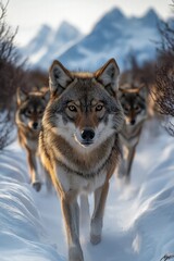 Obraz premium Wolves traverse a snowy landscape in the mountains during a winter afternoon