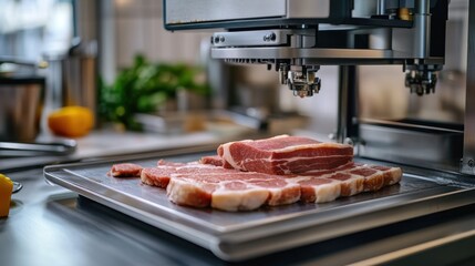 A modern meat slicer in action, precisely cutting slices of pork, with neatly stacked pieces on a tray, surrounded by a clean and well-lit workspace.