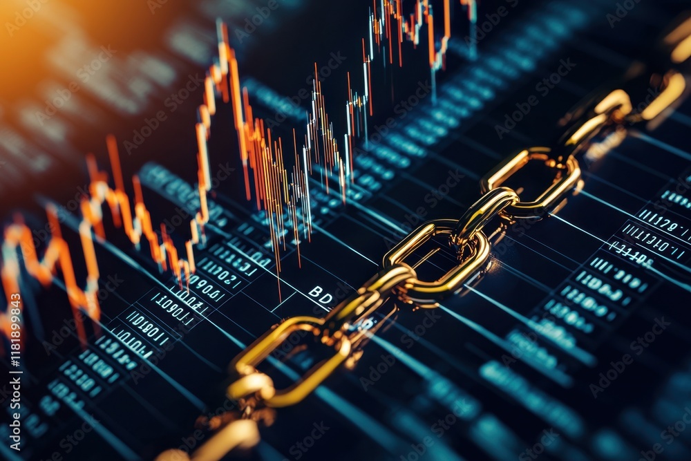 Poster a close-up of a gold chain overlaid on a stock market graph, symbolizing the connection between bloc