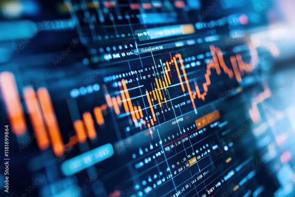 Poster a close-up view of a digital financial chart displaying fluctuating market data with vibrant lines a
