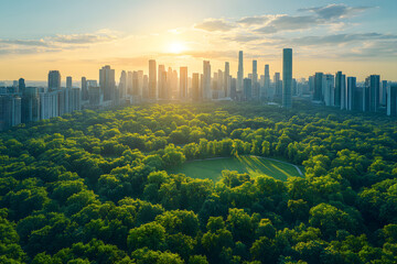 Obraz premium Aerial view of a metropolis city and park on a sunny summer day