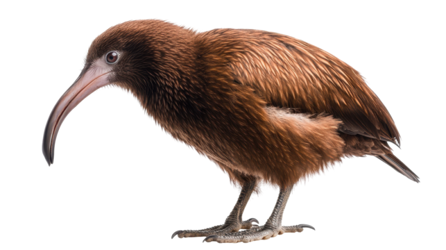 A brown bird with a long beak perched on a surface. transparent background