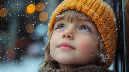 A child in a yellow hat looks up at falling snow.