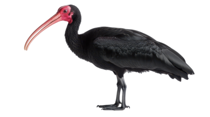 A striking black ibis showcasing its vibrant red facial features. transparent background