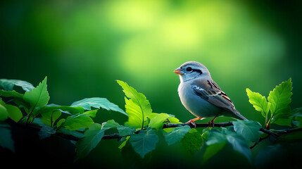 Obraz premium Small Bird Perched on a Branch Surrounded by Lush Green Leaves in Soft Natural Light