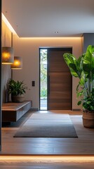 A serene entryway showcases a modern design featuring rich Mocha Mousse tones, inviting lighting, and vibrant green plants, creating a welcoming atmosphere for guests