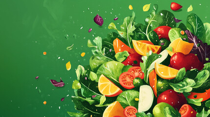Mixed veggie salad with a tangy vinaigrette on a green background 