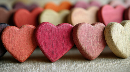 Obraz premium This image features a close-up of colorful wooden hearts arranged in a charming design. The warm hues create a cozy feeling, perfect for romance or decoration