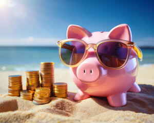 Sunglasses and a pink piggy bank Summertime lounging on a beach with gold coins, savings for the holidays, vacation budget, successful investments, banking riches, income, and financial benefit