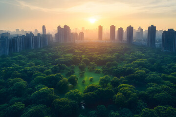 Obraz premium Aerial view of a metropolis city and park on a sunny summer day