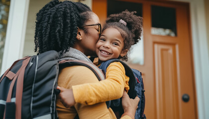 mother kissing her son and taking boy to school in morning in doorway