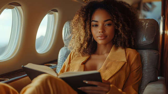 Dark-skinned woman flying in business class on an airplane