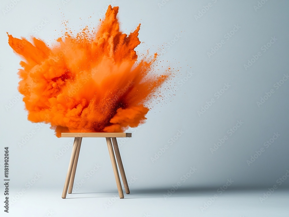 Poster dramatically erupting orange fluid artfully captured in a minimalist studio setting creating a bold 