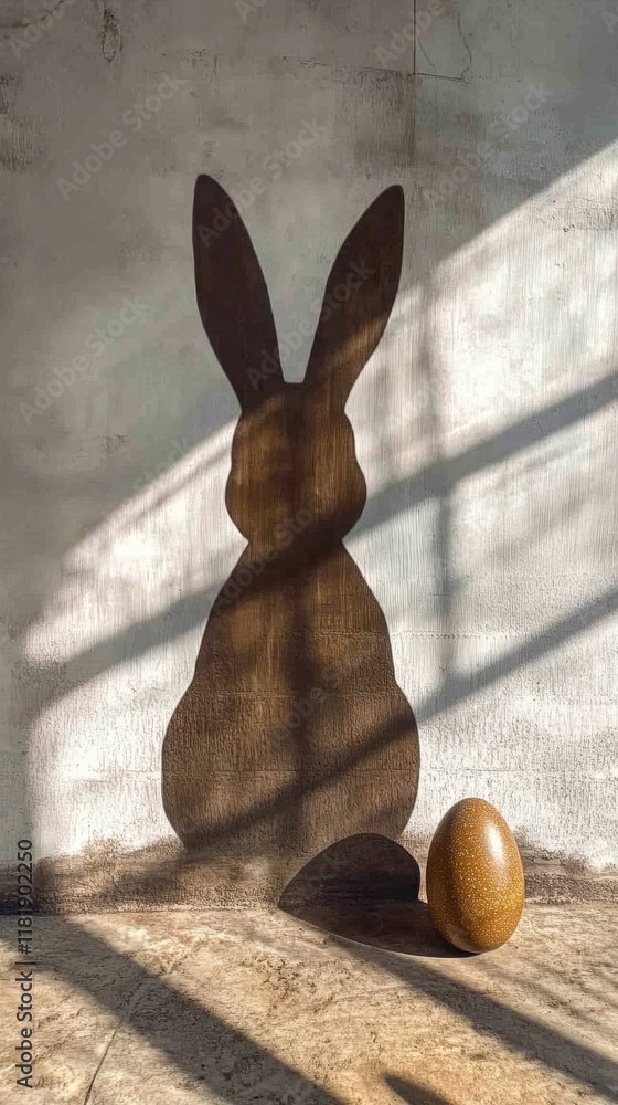 Poster rabbit-shaped shadow on a blank wall with an easter egg in a modern artistic composition creating a 