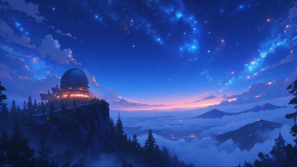 Anime fantasy environment, a celestial observatory on a mountaintop, overlooking a starry sky and distant galaxies, sense of wonder..negative:.