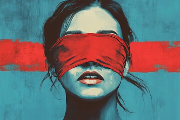 illustration of a women has a red blindfold over her eyes, close your eyes and keep your mouth shut , silenced