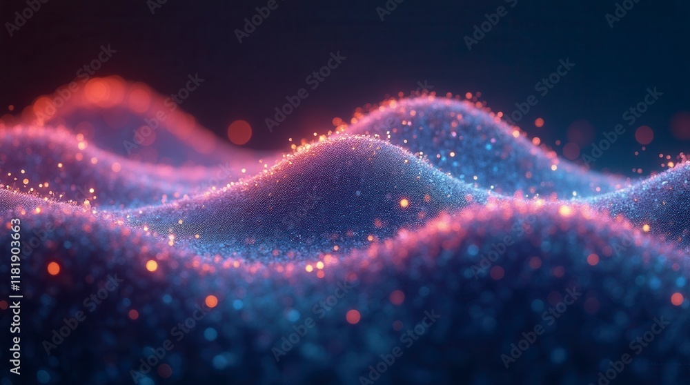 Poster abstract gradient hologram dynamic wave of particles. digital wallpaper technology background