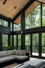 Fototapeta premium Sunroom design showcasing modern architecture with expansive windows offering scenic forest views. Comfortable sectional sofa adds to the relaxing ambiance.