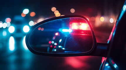 Police lights reflecting in a car mirror during a traffic stop at night.