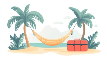 Obraz premium Tropical beach scene with hammock and suitcase.