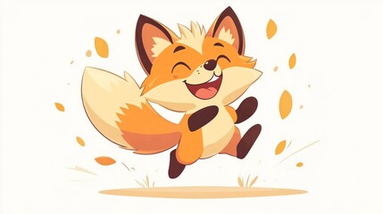 Obraz premium Joyful cartoon fox leaping, autumn leaves.