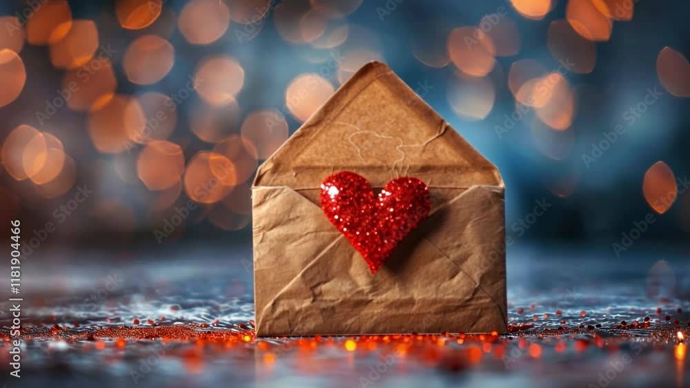 Aufkleber A creatively designed envelope rests against a shimmering bokeh backdrop, adorned with a sparkling red heart. This setting is perfect for conveying love during special occasions.