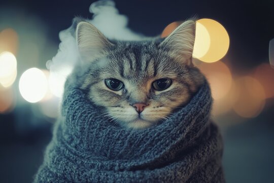 Sad cute adult cat pixiebob in winter warm clothes, visible breath from nose and mouth in icy wind. Social ad campaign - &ETH;&deg;nimal care. Problem of endangered animals. Kitten snow cover.