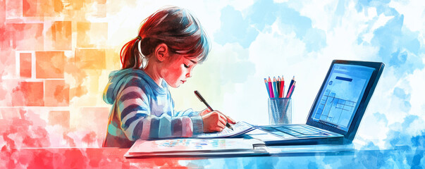 child practicing math problems while focused on laptop, surrounded by colorful stationery. scene captures moment of learning and concentration