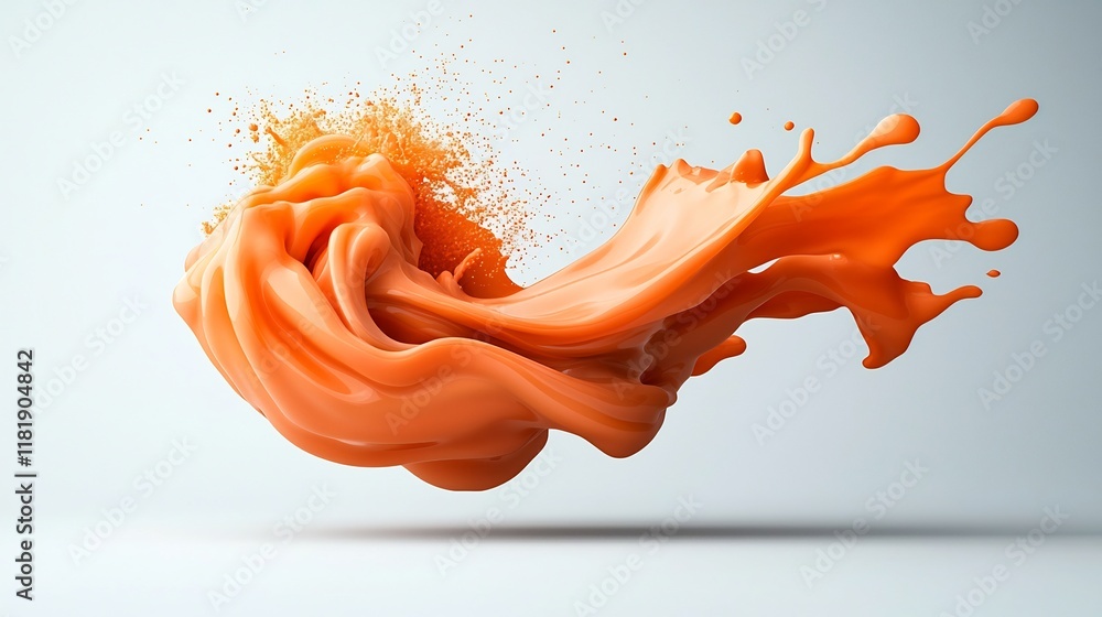 Poster captivating abstract image featuring dynamic orange liquid shapes suspended in mid air against a pur