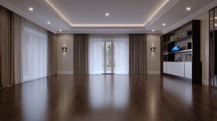 Fototapeta premium Newly painted walls light up the spacious living room featuring dark wood floors and stylish LED lighting, creating an inviting atmosphere