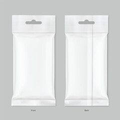 Realistic white pillow bag with hang slot mockup. Vector illustration isolated on grey background. Easily can with placed your product, to create a realistic presentation. EPS10.