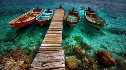 Obraz premium Romantic boats resting at the pier, embraced by the serene azure waters of the sea