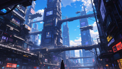Anime sci-fi environment, a futuristic city with towering skyscrapers connected by sky bridges, flying vehicles, neon lights, cyberpunk atmosphere.