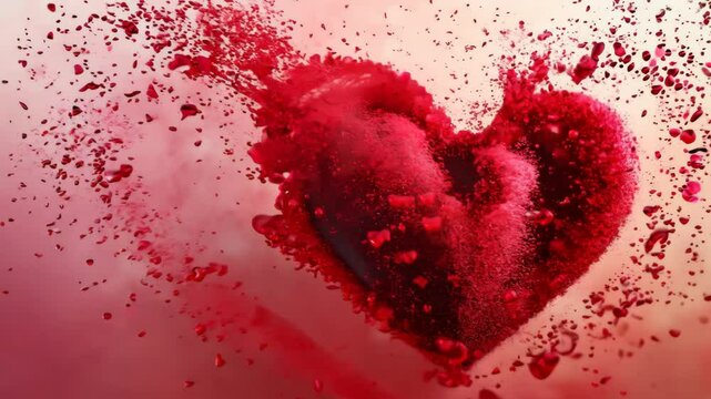 Artistic image of an exploding red heart breaking into tiny particles, creating a dynamic and dramatic visual on a soft pink background.