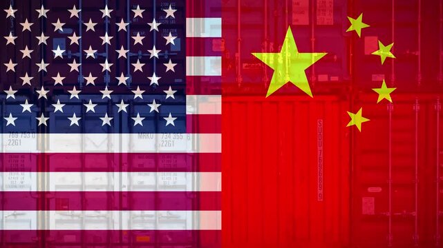 Animation of U.S. and China Flags on Containers Symbolizing the Tariffs and Competition between the Two Superpowers