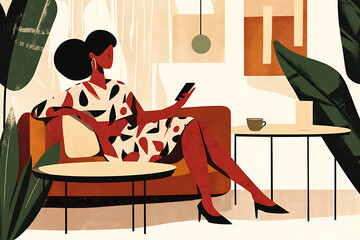  A simple vector illustration of a woman sitting in a cozy cafe, casually using her phone, depicted with clean lines and a minimalistic style, perfect for lifestyle or technology themes.