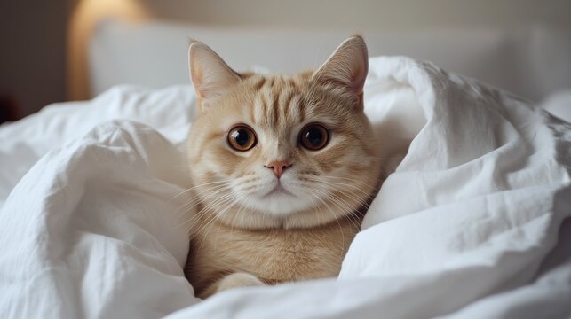 A Charming British Shorthair Cat Snuggled in a White Blanket
