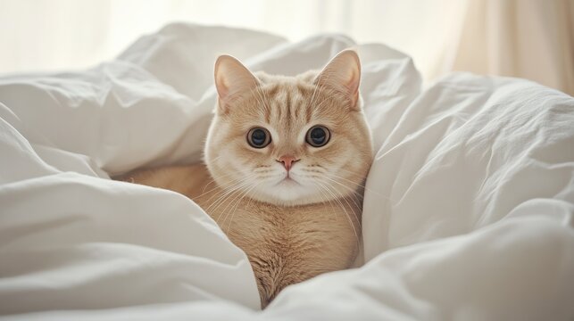 A Golden Cat Nestled in a Soft White Blanket