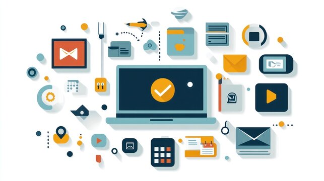 Laptop with digital icons, illustrating online tasks and workflow.