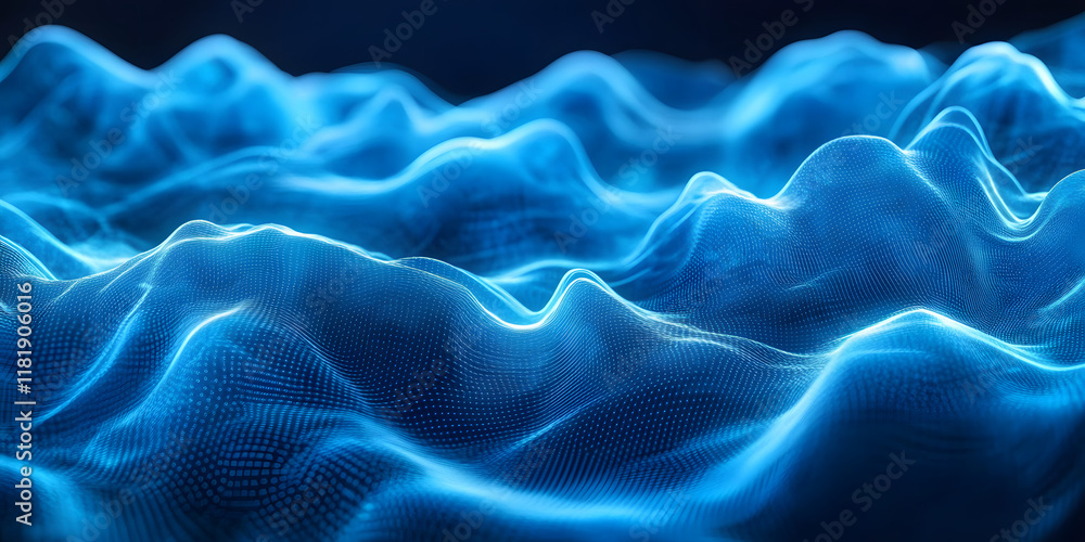 Poster abstract blue tech background with digital waves, dynamic network system, artificial neural connecti