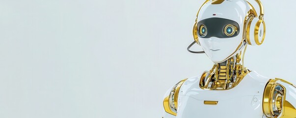 Fototapeta na wymiar A sleek, futuristic robot with gold accents, designed for communication or interaction, stands against a minimalistic background.
