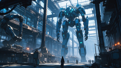 Anime sci-fi environment, a robot factory with assembly lines and robotic arms, industrial automation, advanced technology..