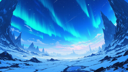 Anime sci-fi environment, a vast, icy planet with frozen landscapes and aurora borealis, harsh environment, cold colors..